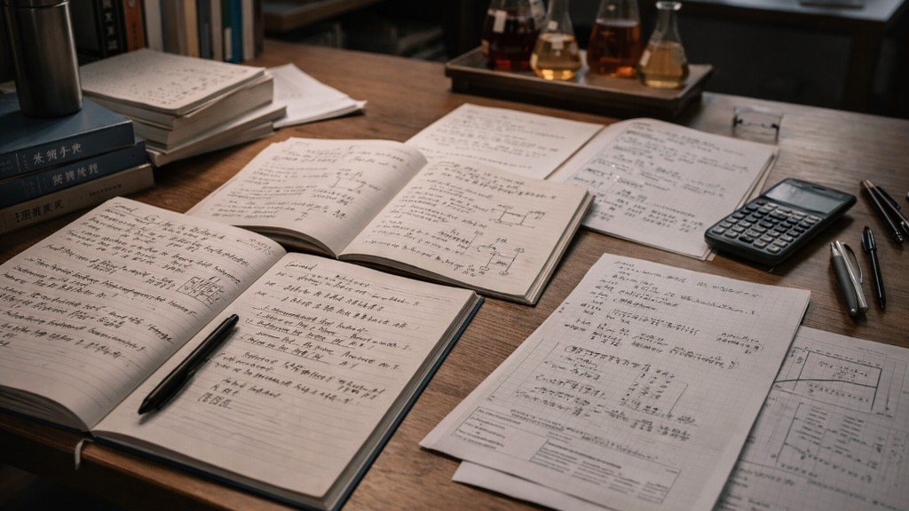 Учебный стол с конспектами по математике, физике и химии для подготовки к экзамену CSCA